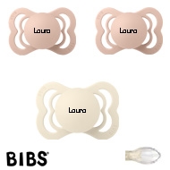 Bibs Supreme Schnuller mit Namen, Symmetrisch, Silikon, Gr. 1, 1 ivory, 2 Blush, 3'er Pack